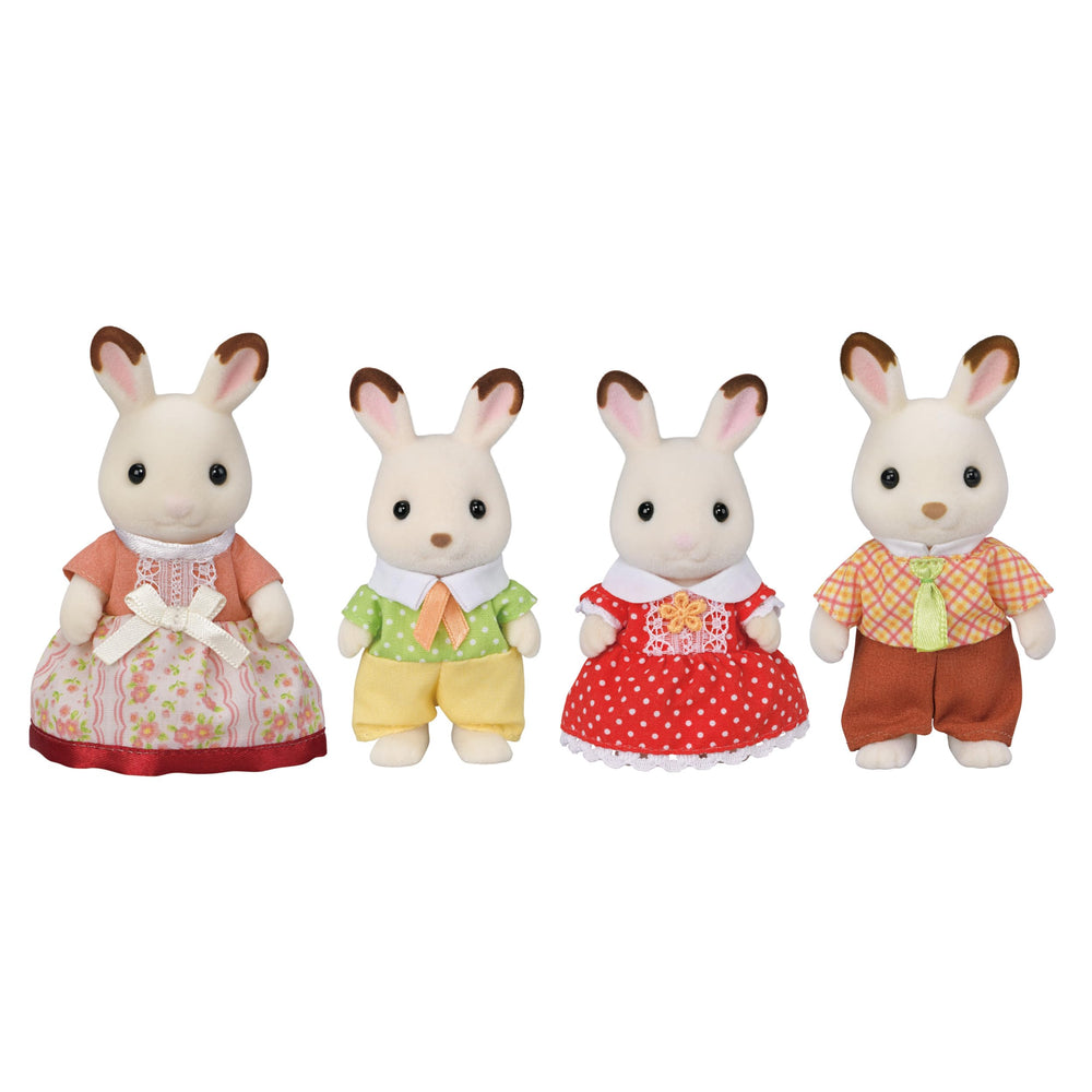 Calico Critters famille lapin chocolat vue frontale présentant figurines posables et tenues détaillées