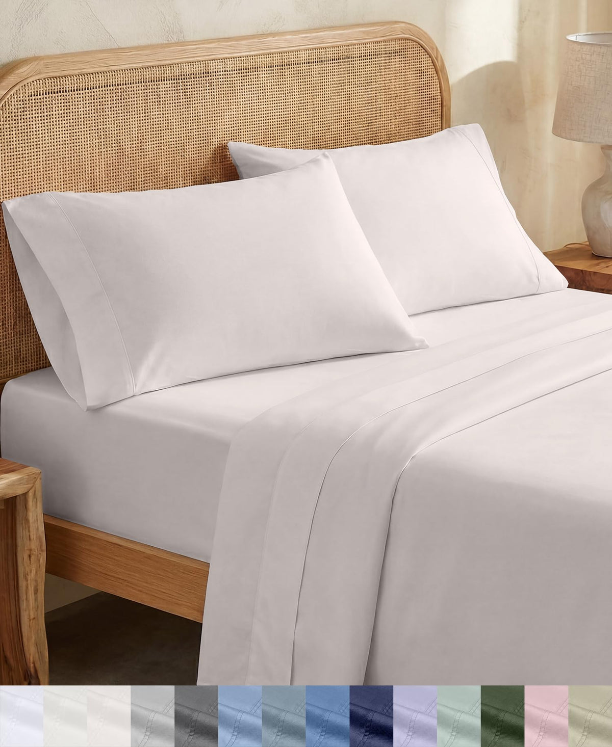 California Design Den emballage produit montrant le set de draps percale, qualité visible