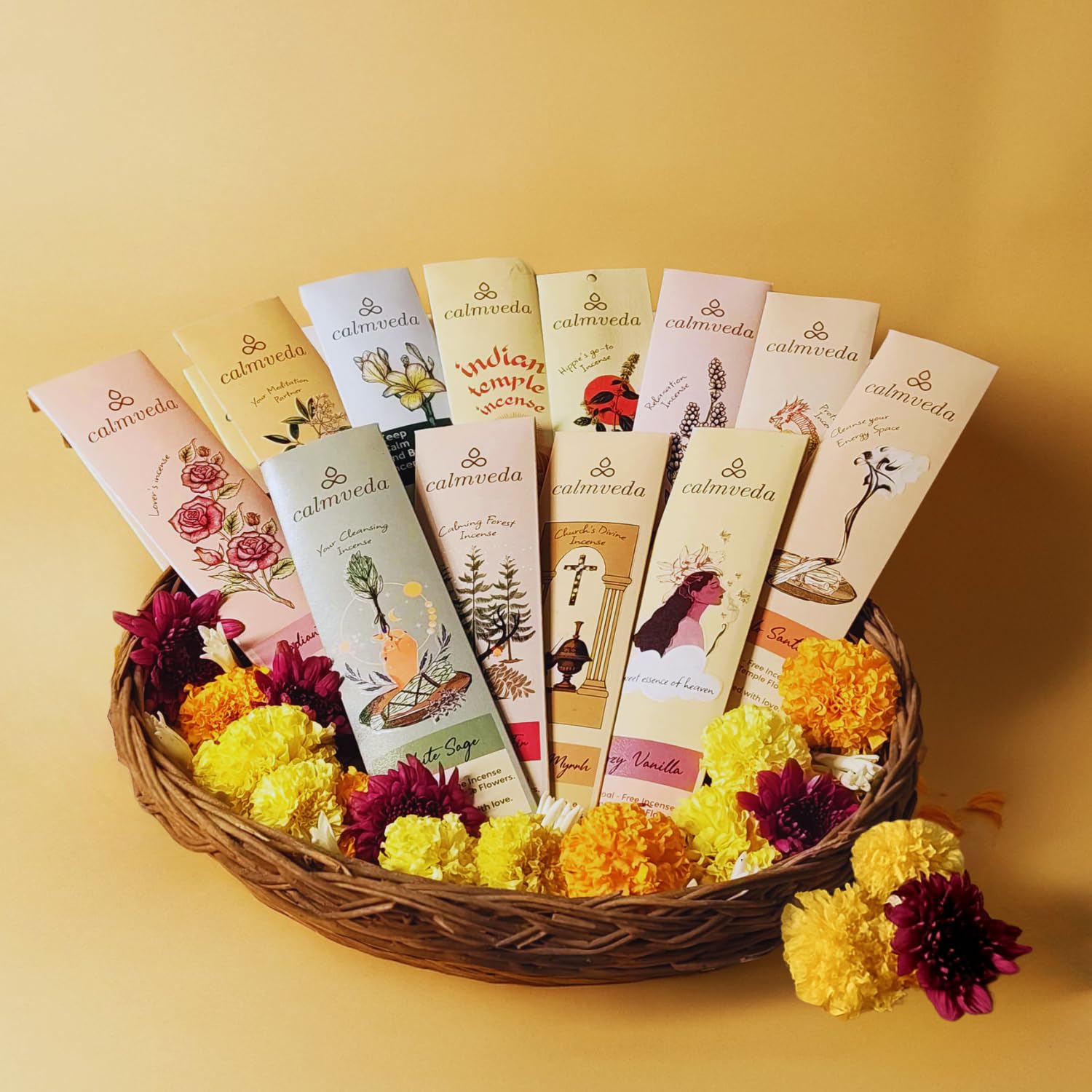 Calmveda scène de salon avec encens allumé, atmosphère relaxante et décor