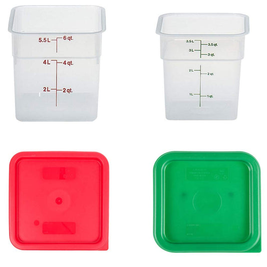 Cambro contenant avant avec couvercle montrant transparence et gain de place