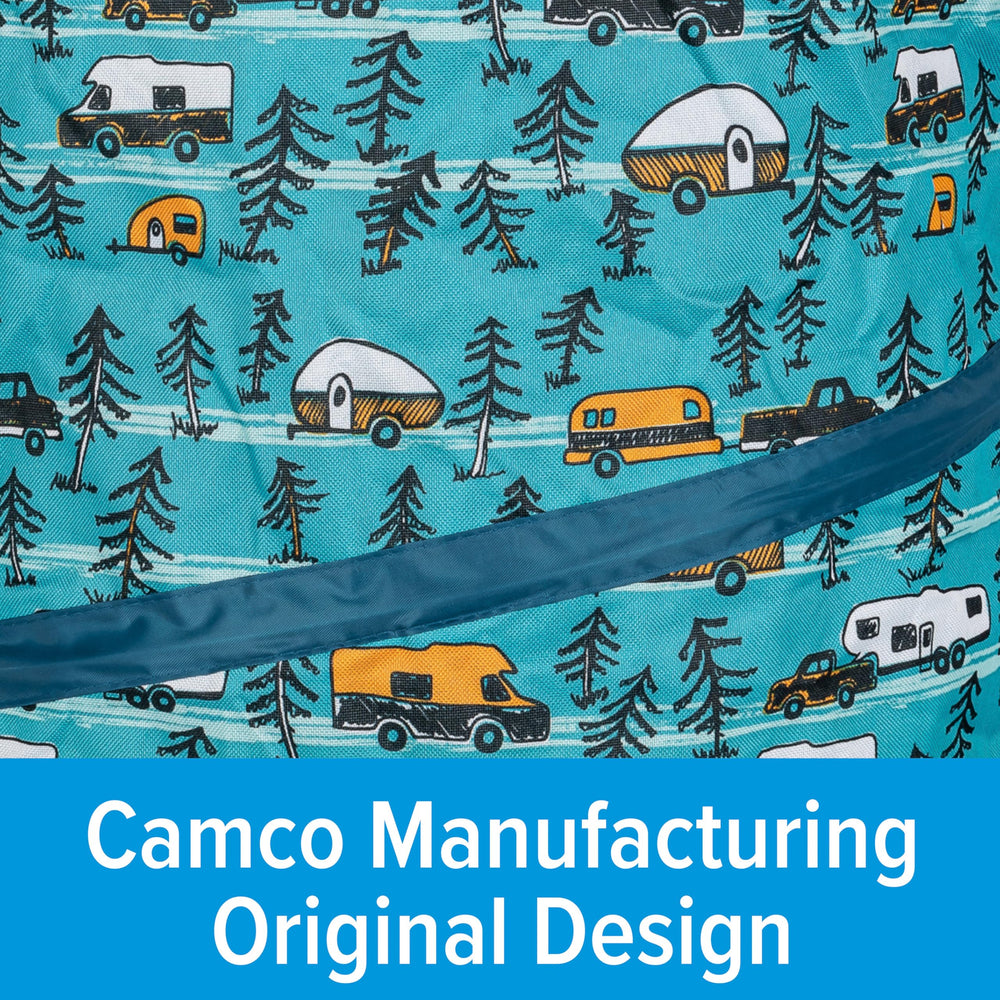 Camco contenant avec sac 30 gallons inséré montrant compatibilité et capacité