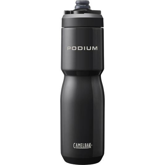 CamelBak Podium Steel face noire montrée sur un vélo, maintien sûr en cage