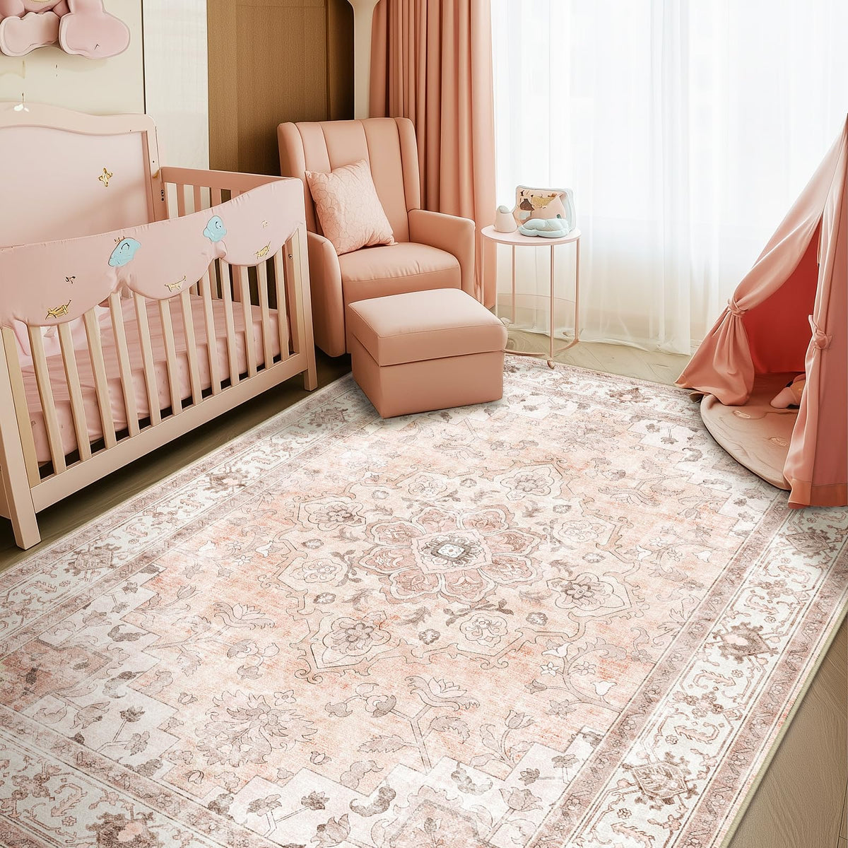 CAPALOCA tapis face rose 5x7 montrant le motif et apport décoratif