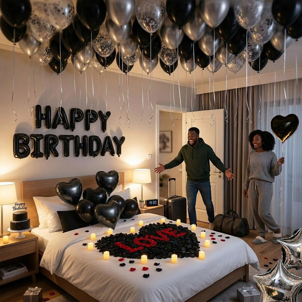 Carnira ballons cœur noir et étoile argent pour accent festif masculin