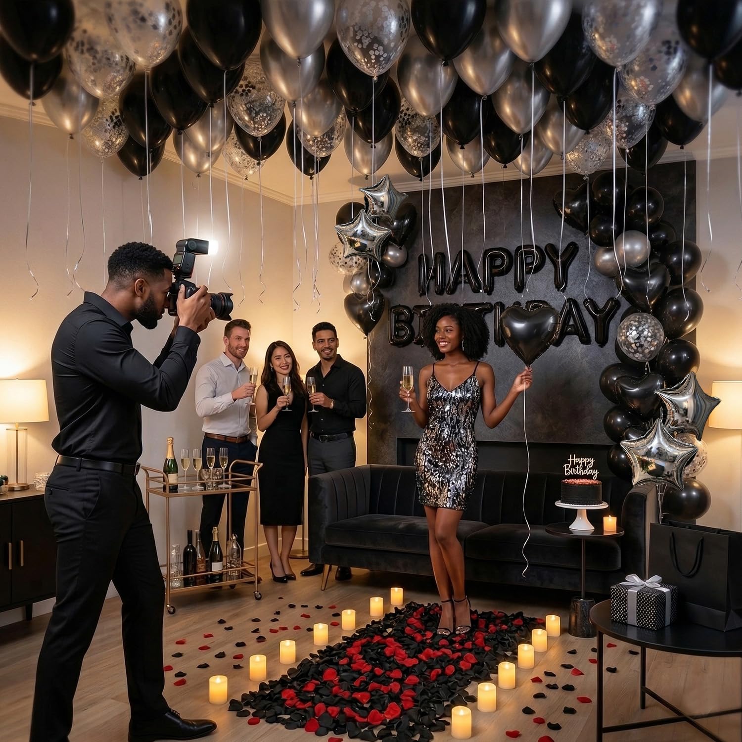 Carnira ballons noirs mats et argent métallisé ajoutant profondeur décor