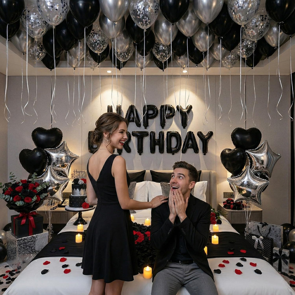 Carnira bannière HAPPY BIRTHDAY noir et argent pour mise en valeur