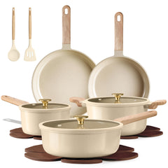 CAROTE ensemble complet 14 pièces montrant poêles et casseroles, gain de place