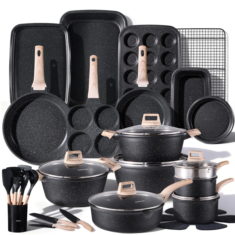 CAROTE vue d’ensemble du set 44 pièces montrant poêles et casseroles pratiques
