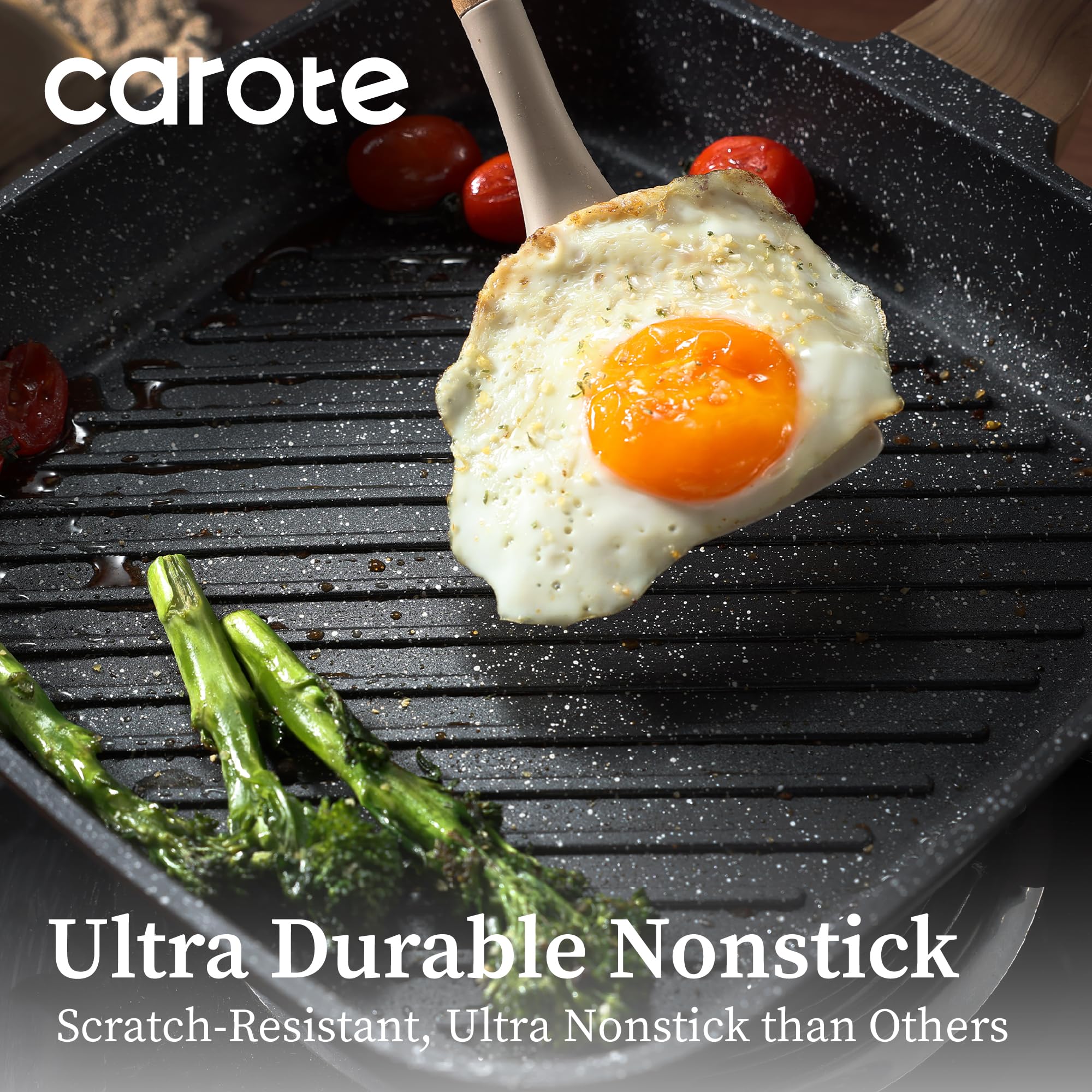 CAROTE poêle en usage avec steak saisissant rapidement et marques nettes