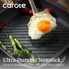 CAROTE poêle en usage avec steak saisissant rapidement et marques nettes