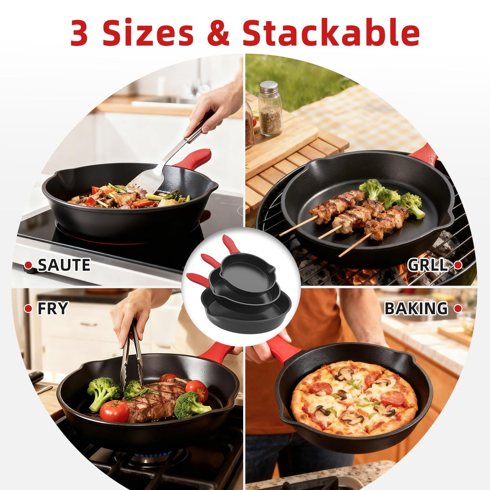 Cast Iron Skillet comparaison tailles 6 8 10 pouces pour portions variées
