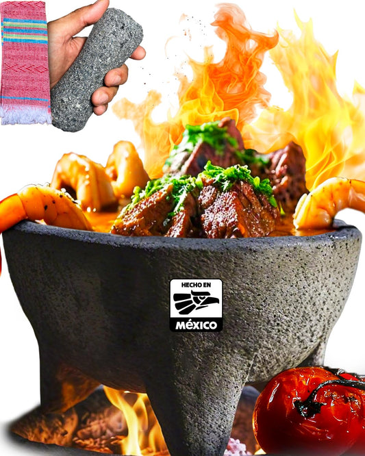 CEMPASUCHIL molcajete face avant montrant la pierre volcanique pour broyage efficace