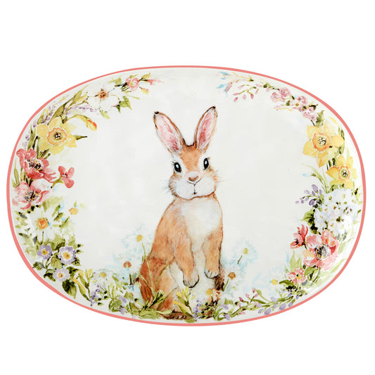 Certified International plat ovale face montrant le lapin décoratif et l'attrait printanier
