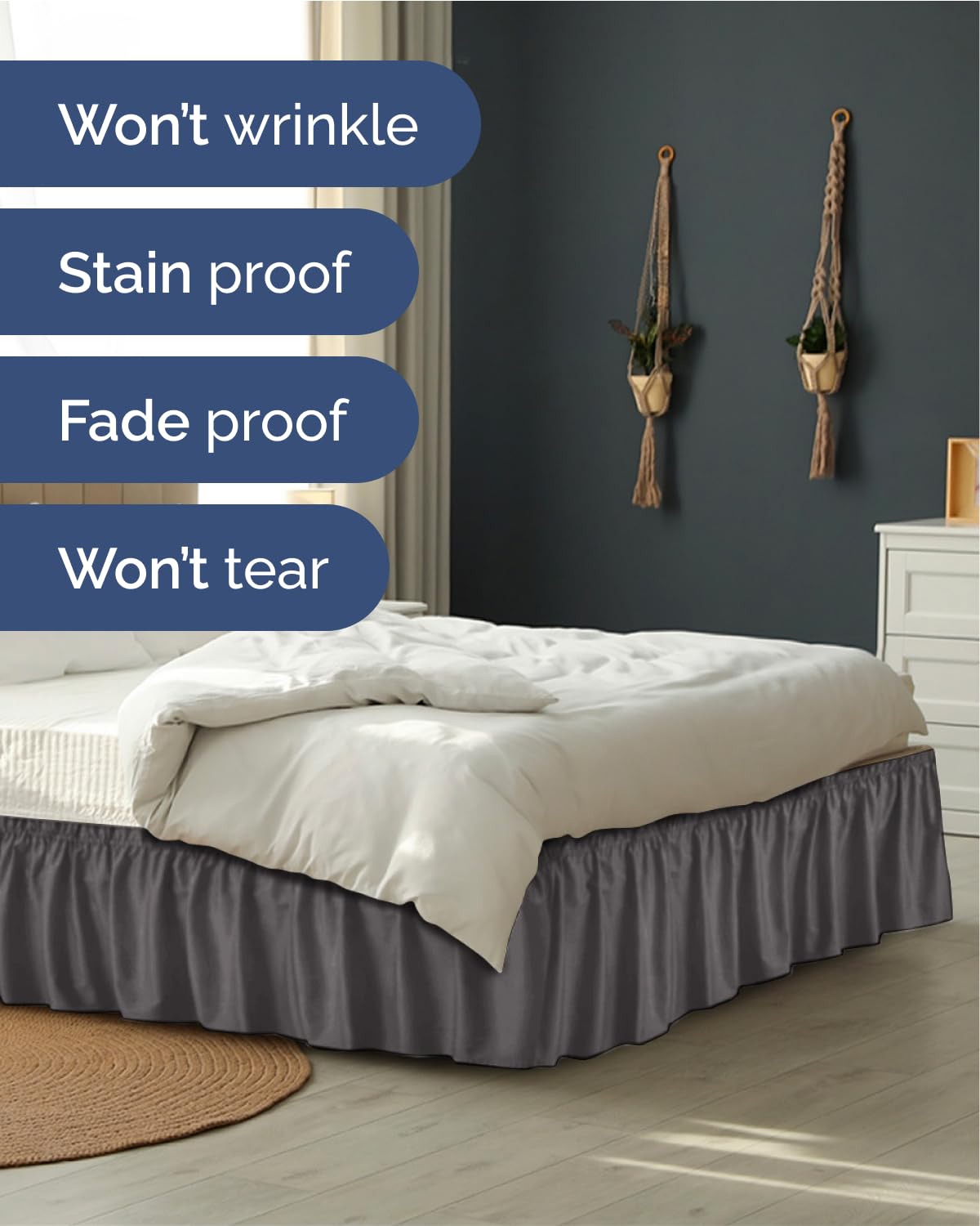 CGK Linens photo montrant chute de 15" pour cacher rangement sous le lit