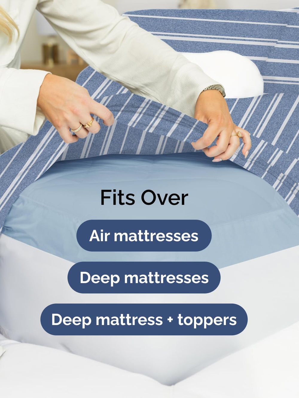 CGK Unlimited échelle montrant drap adapté matelas avec surmatelas épais