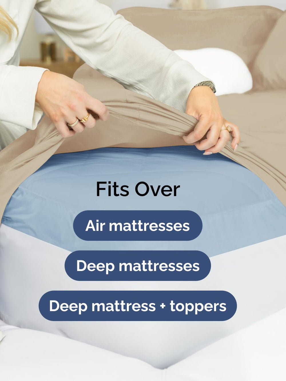 Drap CGK Unlimited installé sur matelas avec topper, tient bien sans glisser