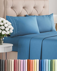 CGK Unlimited emballage du jeu de draps bleu denim montrant l'aspect pratique