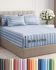CGK Unlimited face avant du paquet draps King bleu rayé montrant maintien sûr