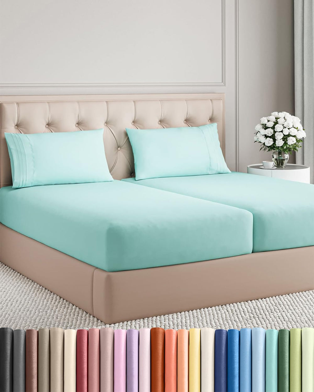 CGK Unlimited vue avant du jeu de draps Split King Spa Blue, confort immédiat