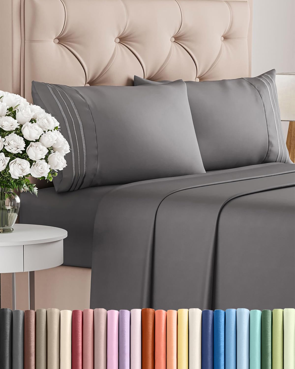 CGK Unlimited paquet de draps gris foncé montrant l'emballage et l'aspect net