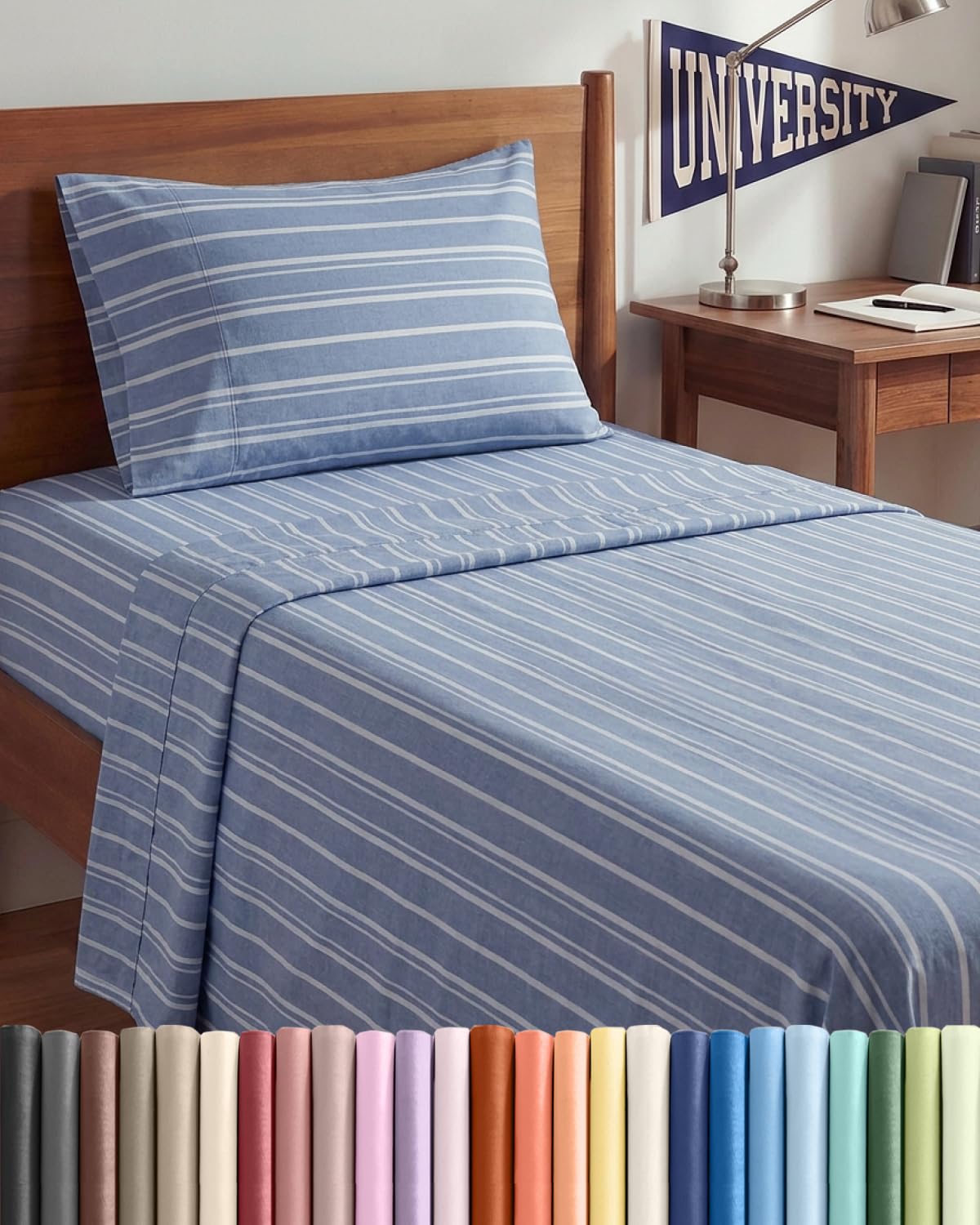 CGK Unlimited emballage visible du jeu de draps rayures bleu montrant contenu et couleur