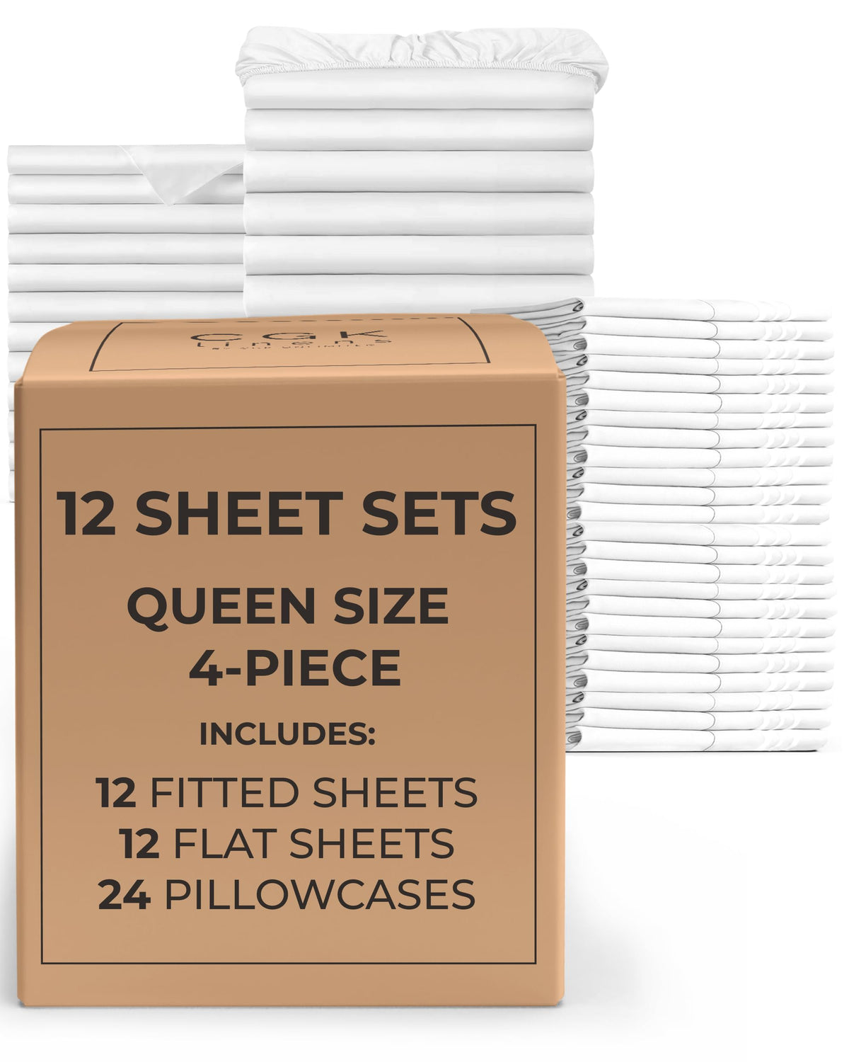 CGK Unlimited emballage du lot de 12 parures Queen blanc montrant valeur et uniformité