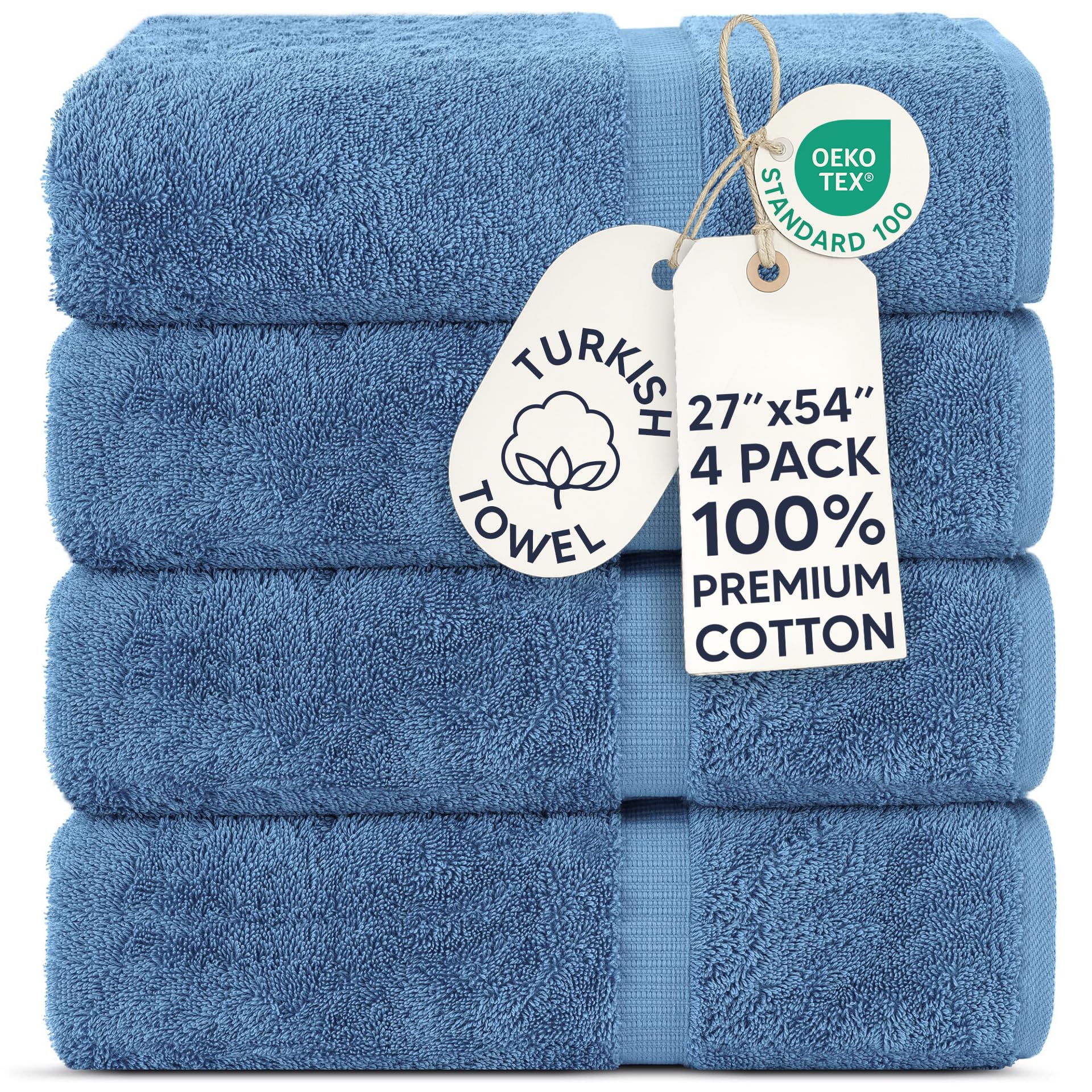 Chakir Turkish Linens emballage avant montrant lot de quatre et couleur Wedgewood, qualité hôtelière