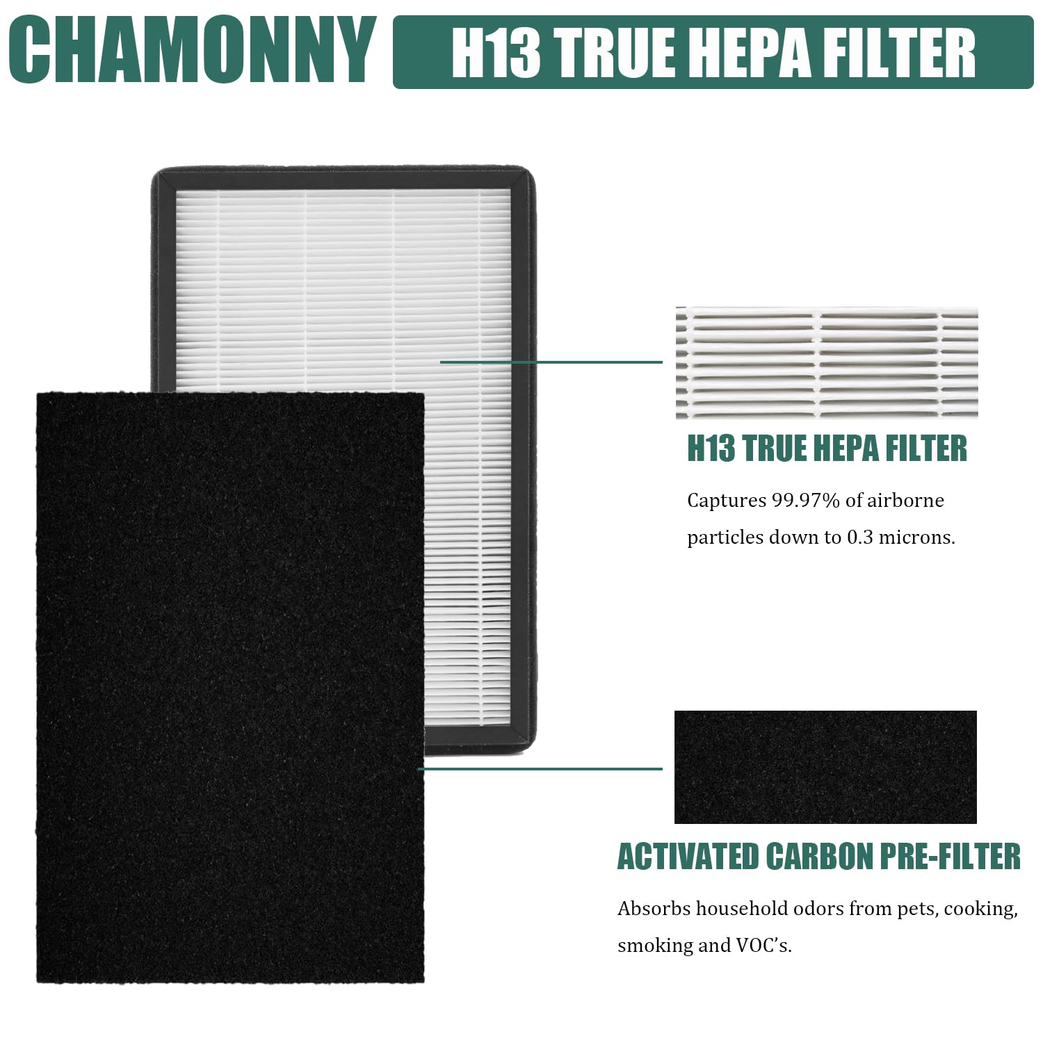 CHAMONNY pré-filtre au charbon montrant texture et réduction d'odeurs