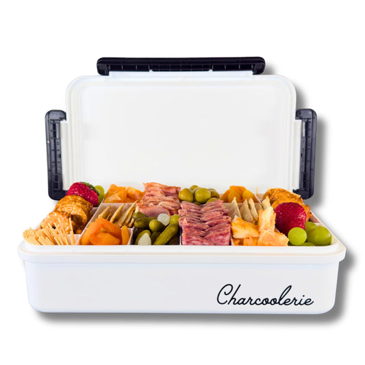 Charcoolerie boîte ouverte montrant 16 compartiments et présentation pratique