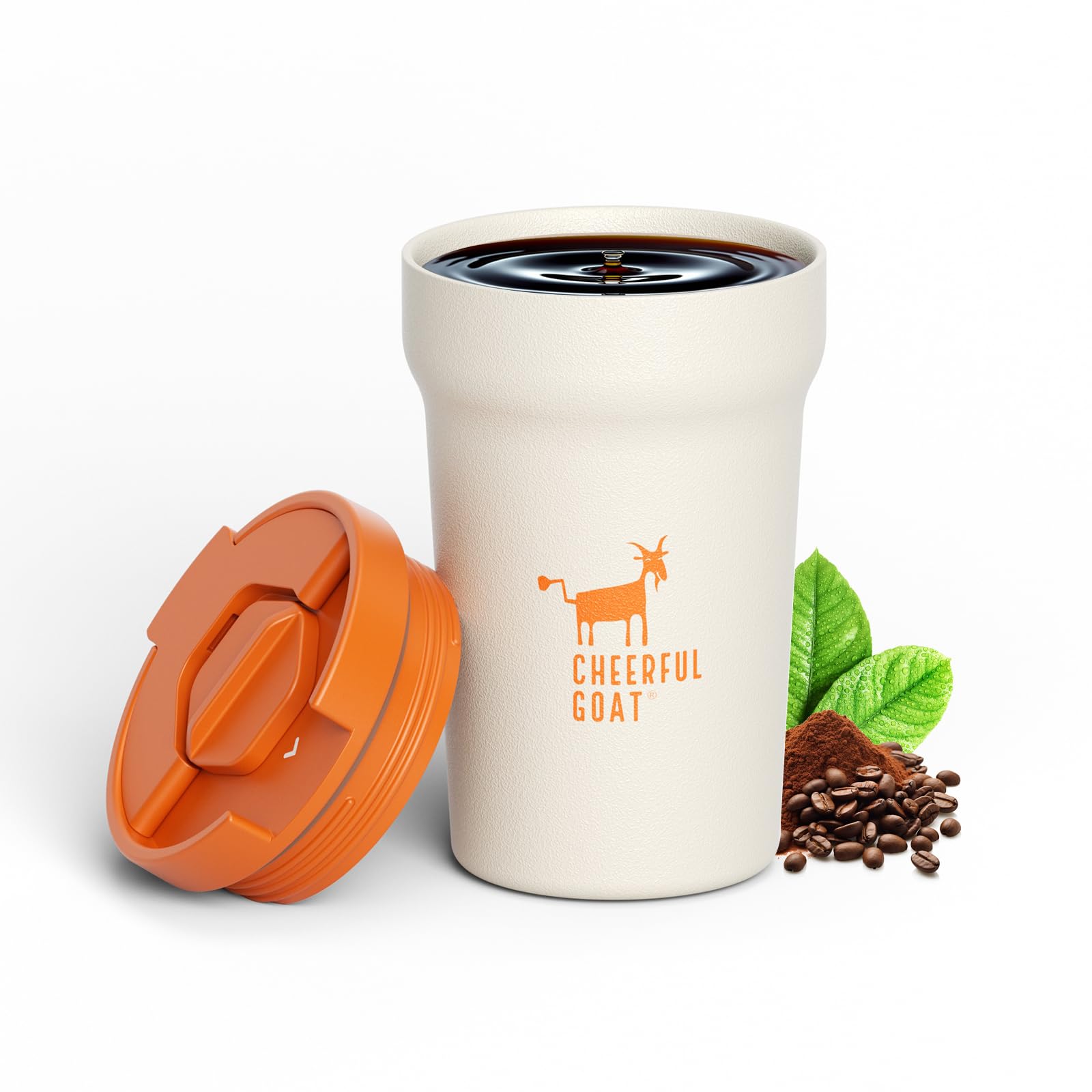 CHEERFUL GOAT vue avant de la tasse blanche, design compact et élégant