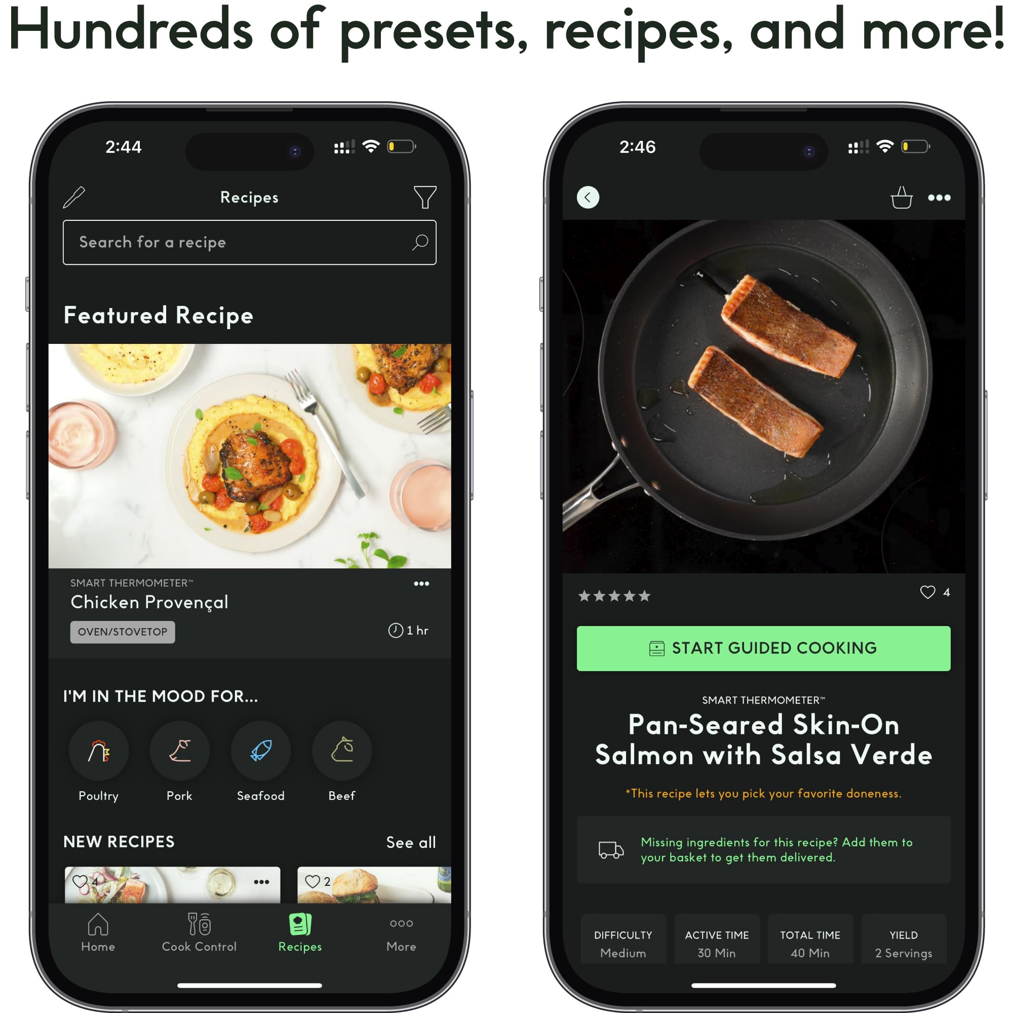CHEF iQ application mobile affichant températures et temps estimé pour une surveillance à distance