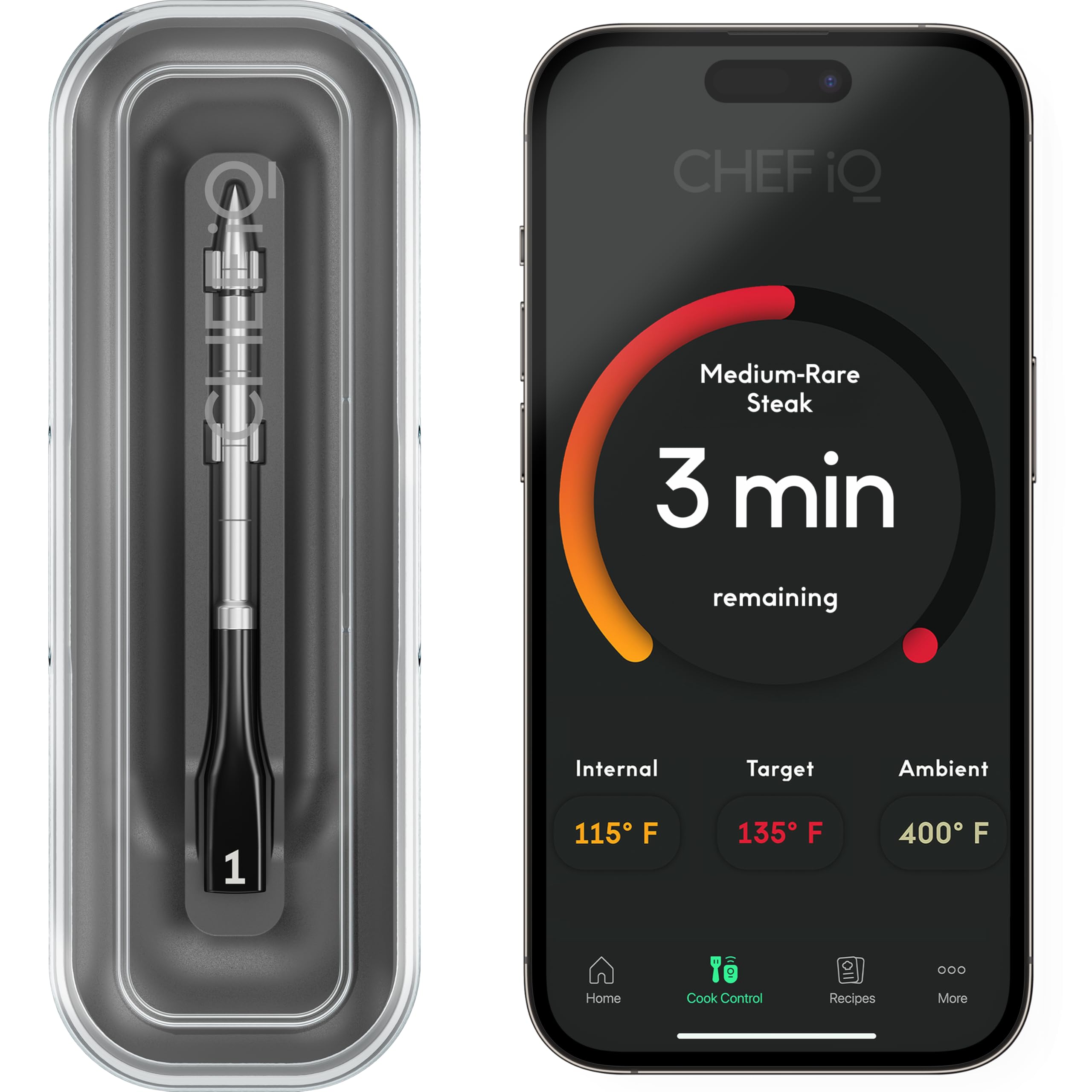 CHEF iQ sonde face avant et emballage montrant design compact et usage facile