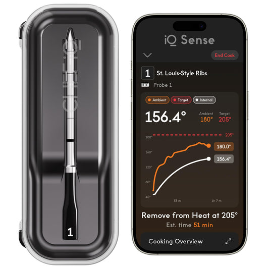 CHEF iQ son emballage avant montrant le thermomètre et avantages pratiques