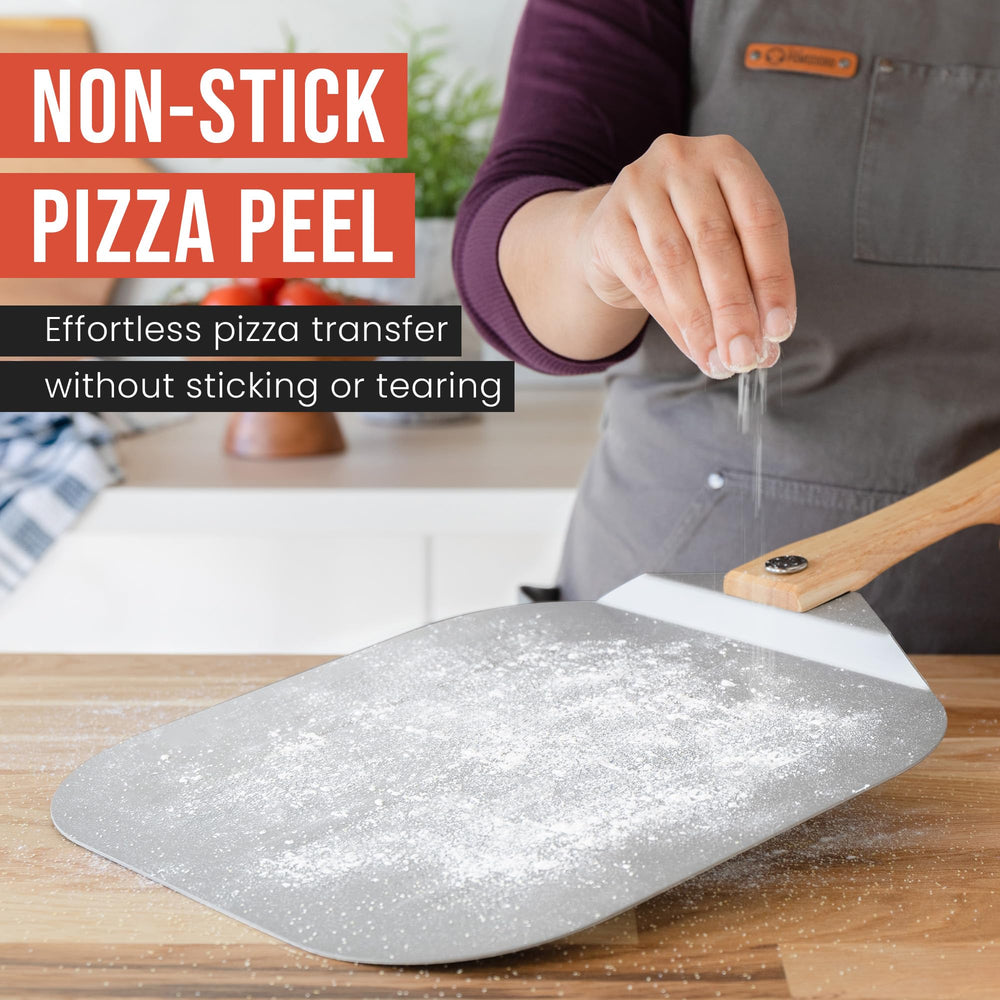 Chef Pomodoro pelle à côté d'une assiette pour comparaison de taille, dimensions claires