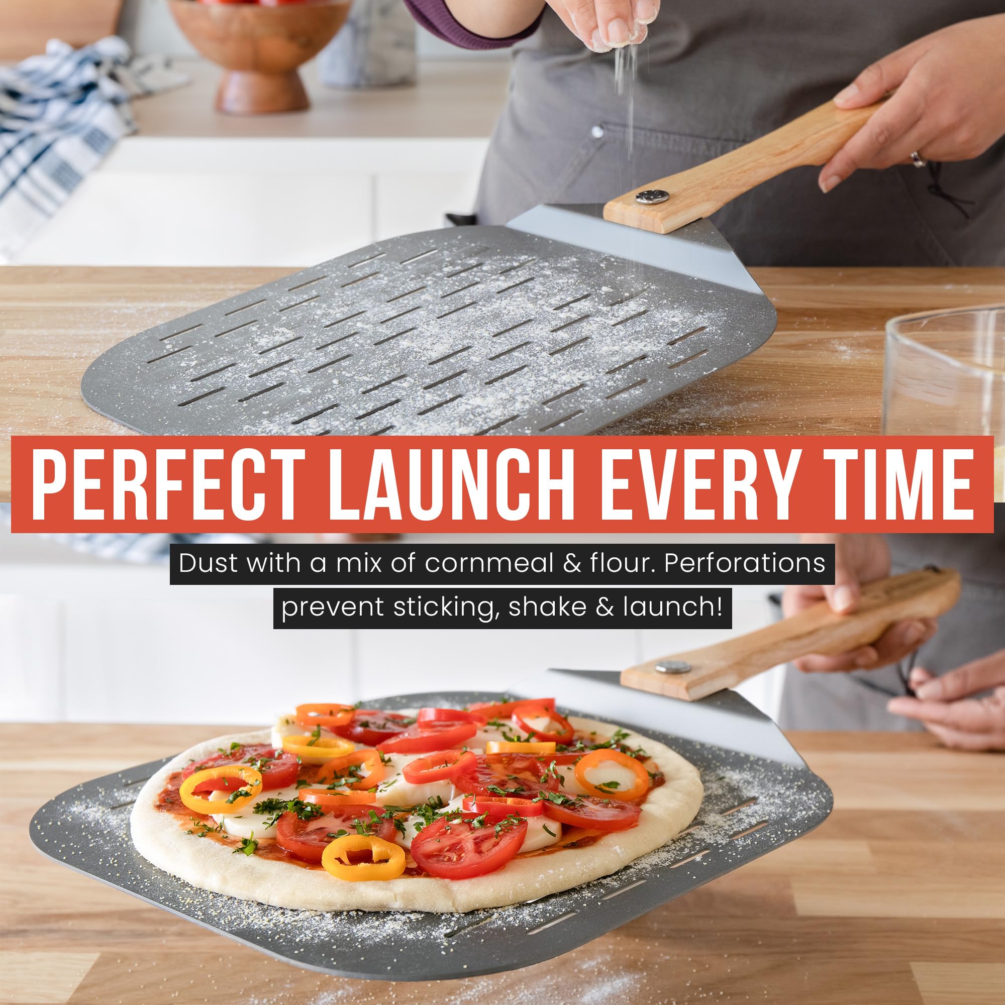 Chef Pomodoro pelle utilisé au four montrant manipulation sûre des pizzas