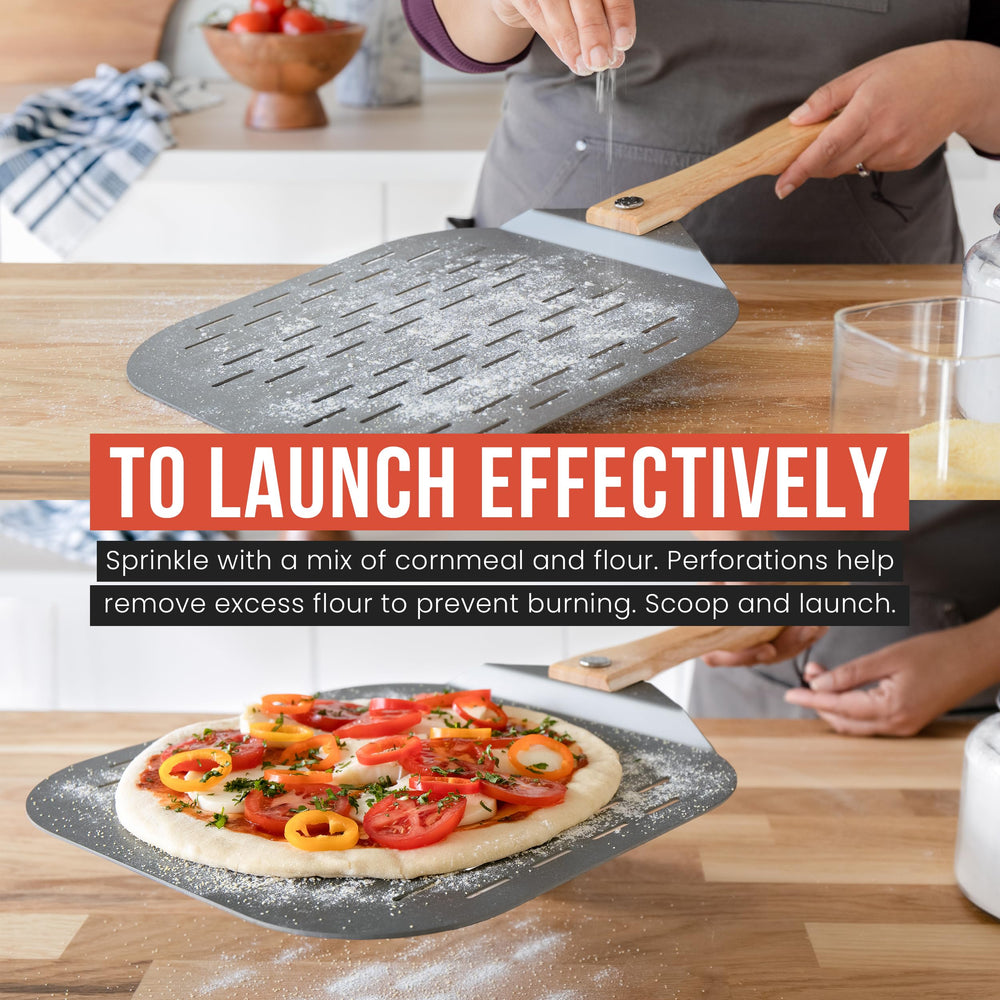 Chef Pomodoro pelle avec pizza pour visualiser l’échelle et la capacité