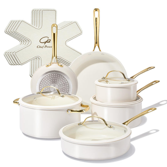 Chef Power ensemble face avant élégant couleur crème et anses dorées, design pratique