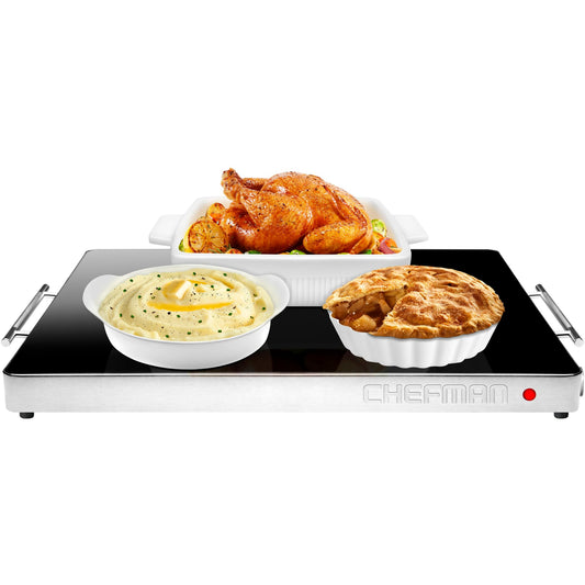 Chefman vue avant du plateau chauffant avec grande surface pour plusieurs plats