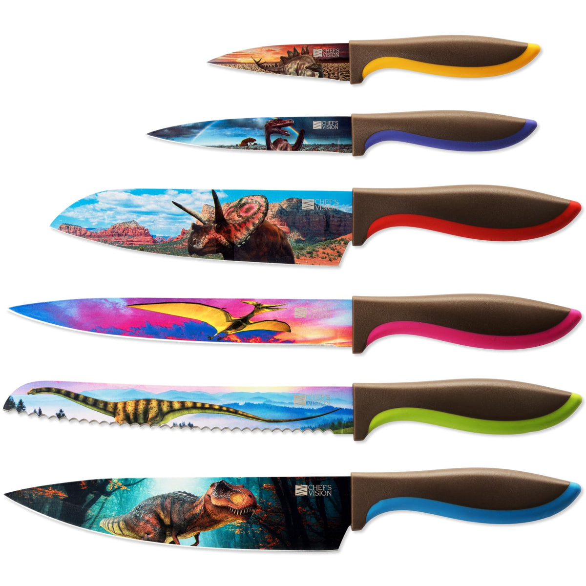 CHEF'S VISION face du coffret montrant six couteaux dinosaure, attrait visuel