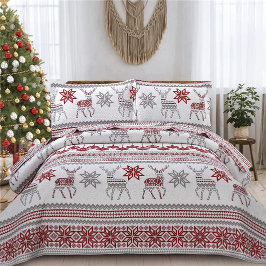 CHESITY couette king sur lit complet montrant motif rennes et ambiance chaleureuse