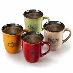 Christian Art Gifts ensemble de quatre mugs rustiques montrant couleurs assorties et versets