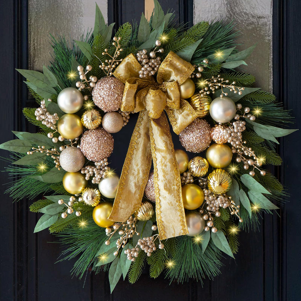 CHvista couronne de Noël vue frontale sur porte, accueille les invités avec élégance