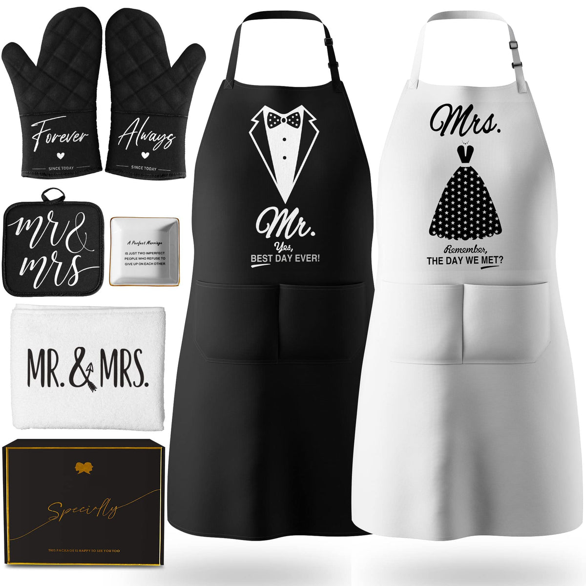 Città Design tabliers recto montrant Mr. et Mrs. élégants pour cuisiner ensemble