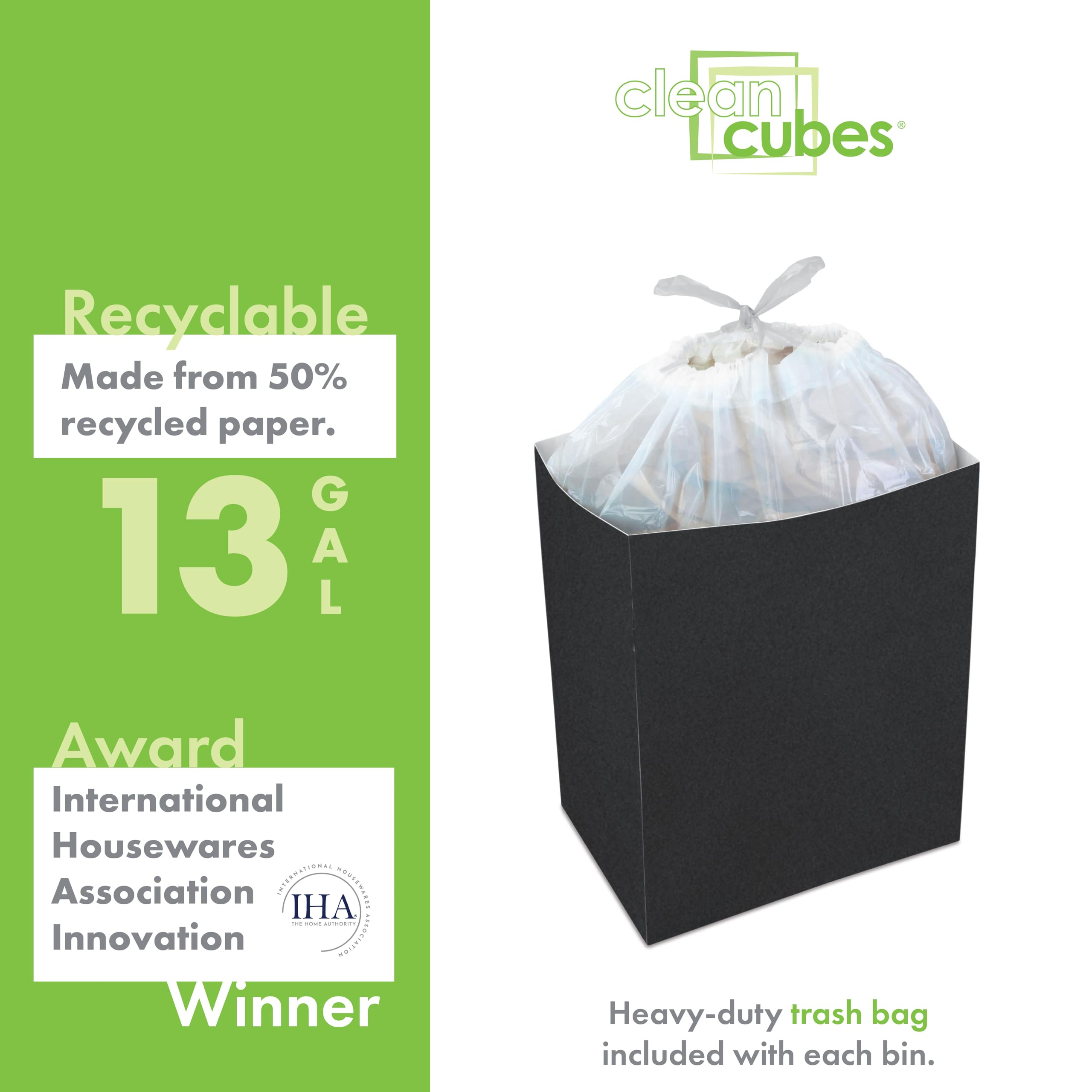 Clean Cubes comparaison d'échelle montrant la taille 13 gallons pratique