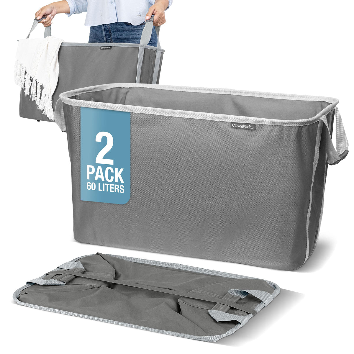 CleverMade vue de face du panier charcoal, gain de place visible