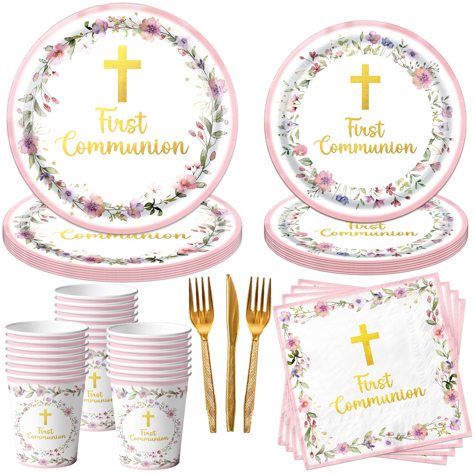 CMUSKO ensemble de table rose complet pour première communion, facilite la décoration