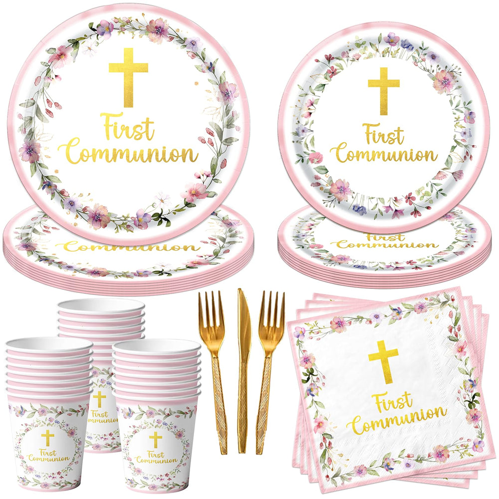 CMUSKO ensemble de table rose complet pour première communion, facilite la décoration