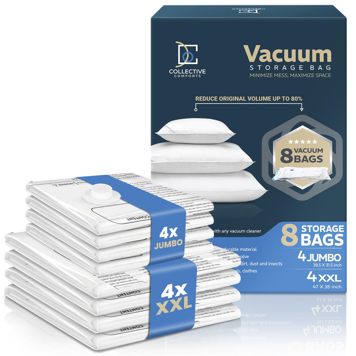 Collective Comforts vue avant du pack 8 pièces montrant contenu et tailles