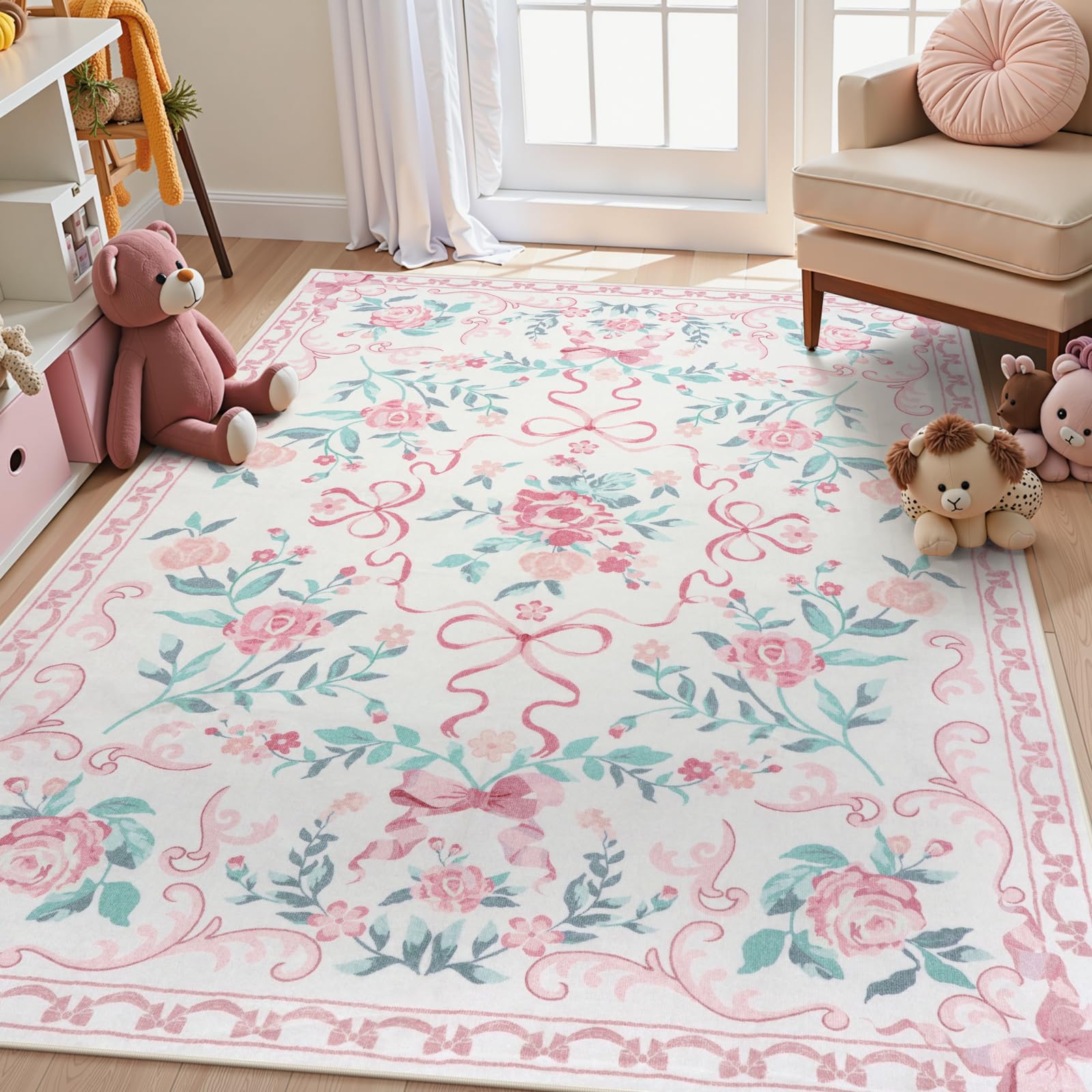 Collive vue avant du tapis 5x7 montrant motif floral et noeuds, effet décoratif