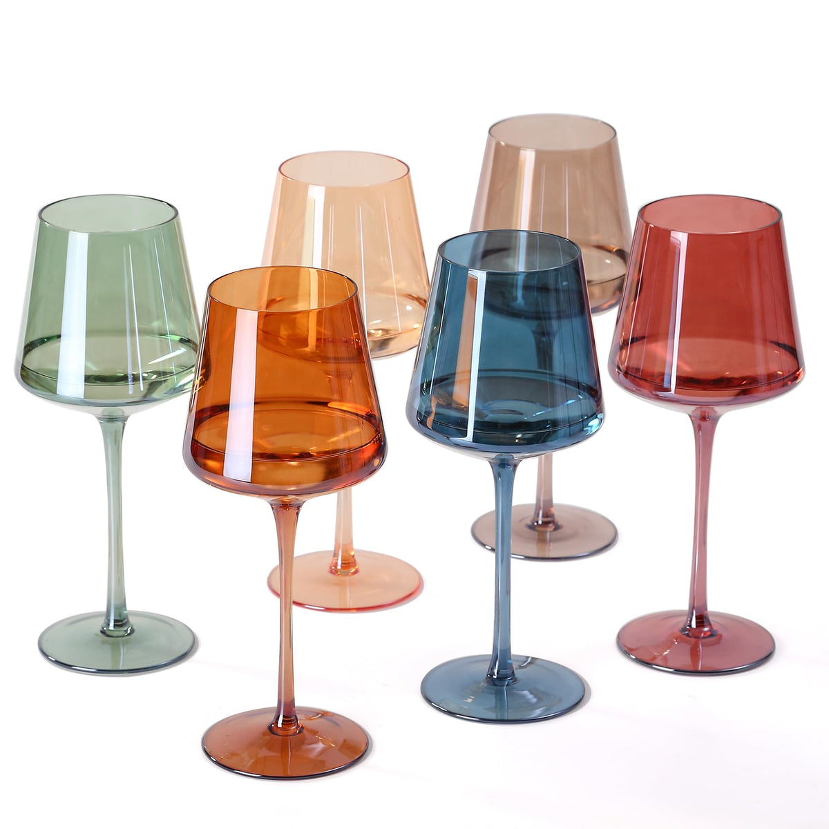 comfit jeu de six verres à vin colorés, présentation frontale, esthétique élégante